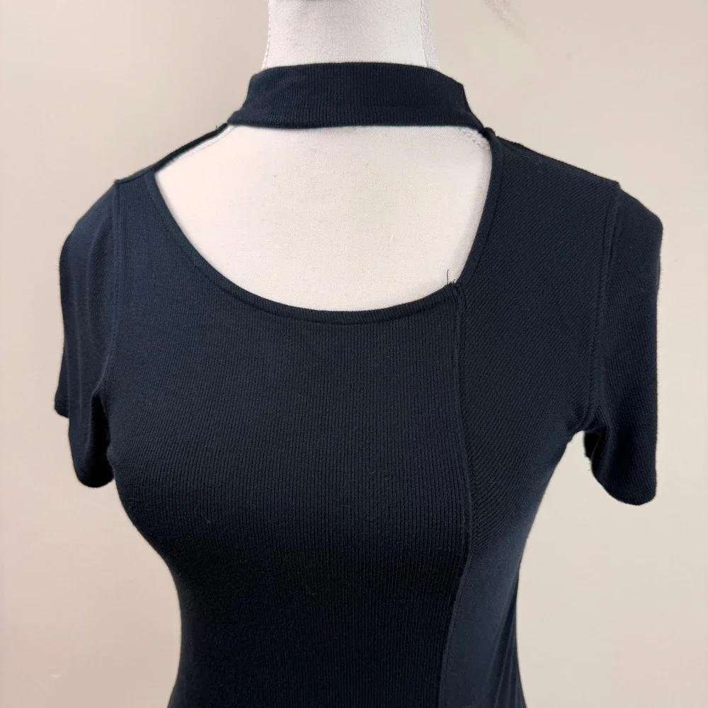 We‎ The Free Free People Black Ribbed Choker Cutout Top Short Sleeve Small - Picture 2 of 5